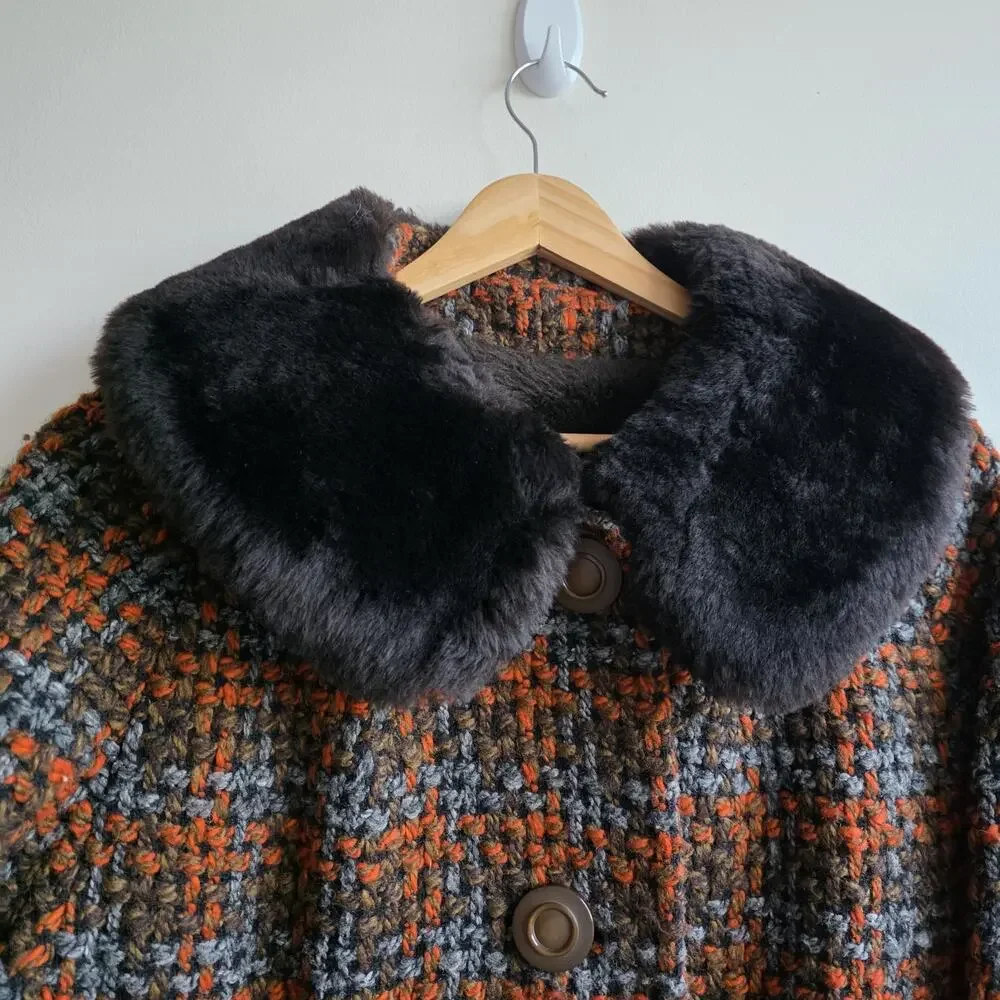 VTG‎ 1950's Womens Tweed Full Length Orange Brown Overcoat LG Heritage Old Money